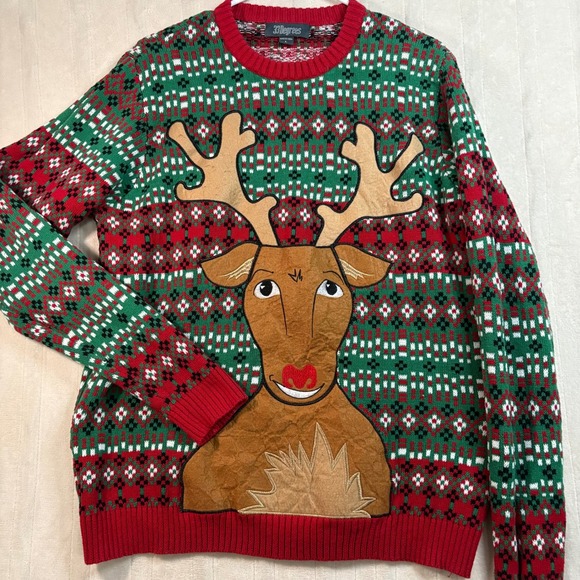 Christmas Sweater L Reindeer Holiday Green Red Festive Ugly Cute grandma sweater - Picture 2 of 12